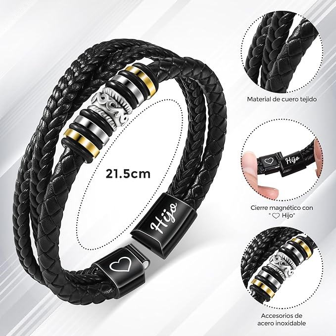 Pulsera de Cuero Con Dedicatoria "Querido Hijo” 2x1